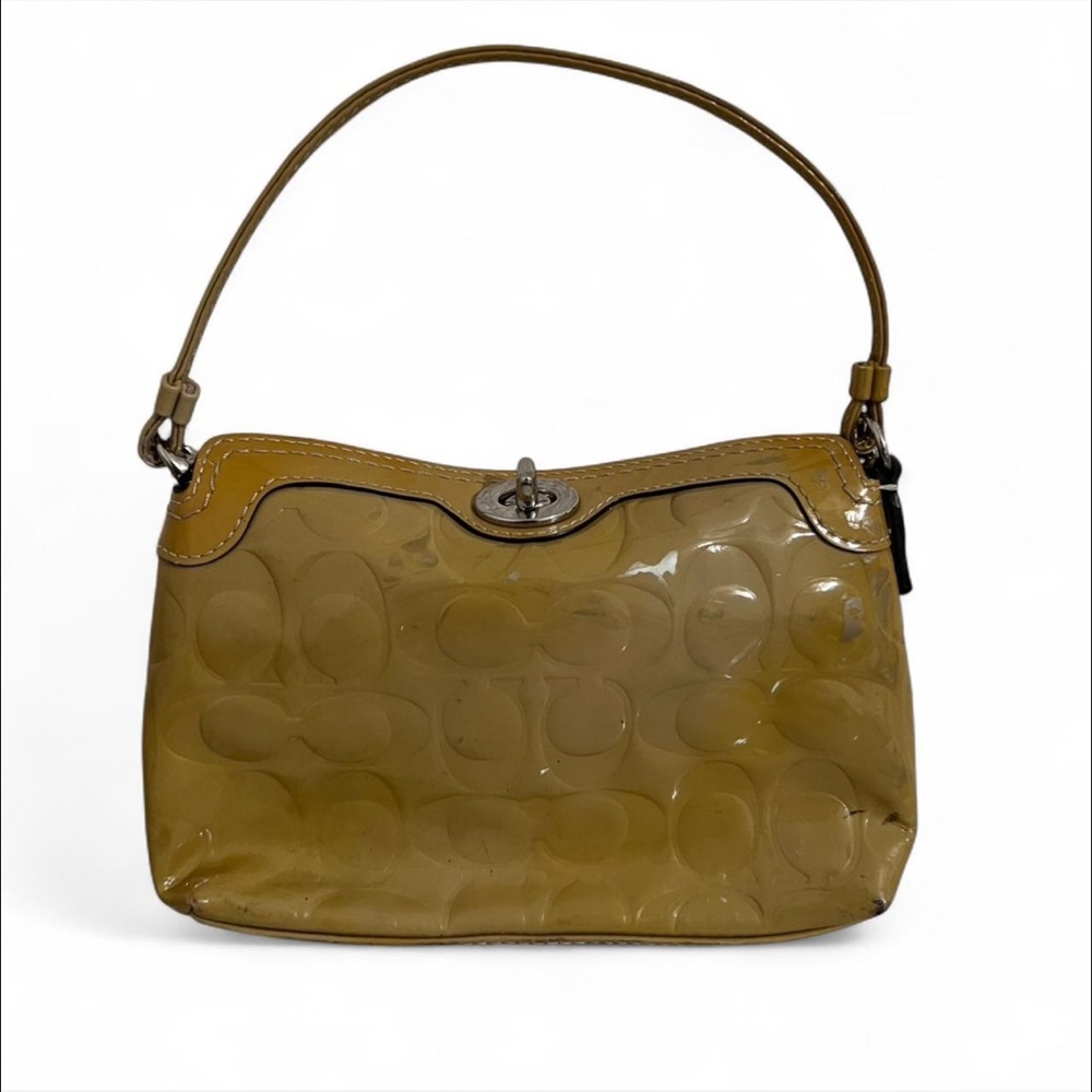 Coach Patent Leather Embossed Turnlock Wristlet Pouch Mustard Yellow Y2K